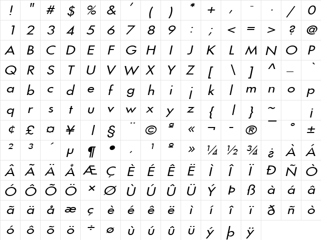 Fusi Wide Italic  glyph index