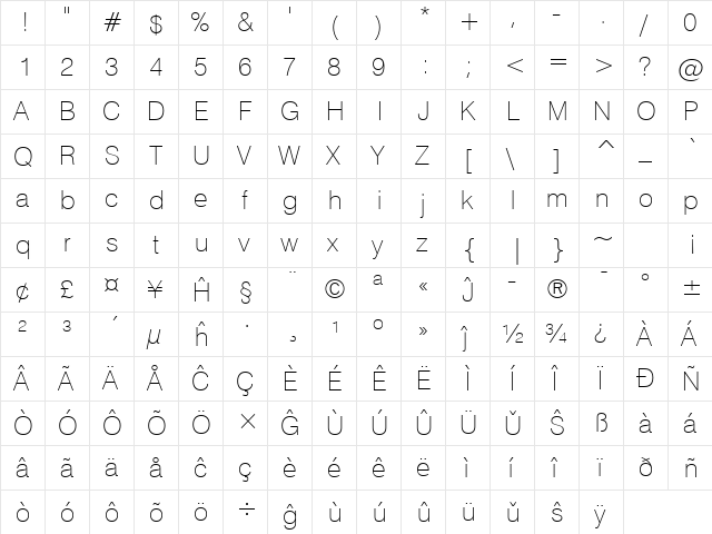 Swis721 Th BT Eo Thin  glyph index