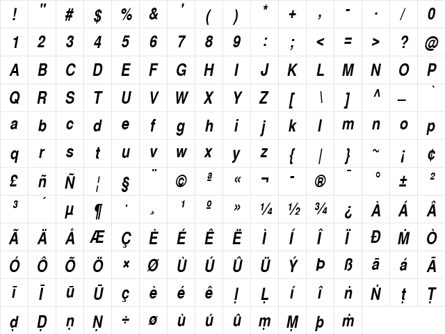 Pali Helvetica Cond Regular  glyph index