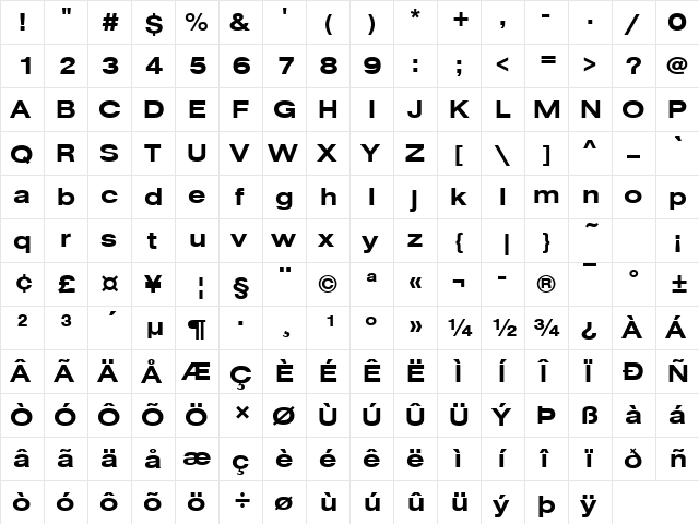 Nimbus Sans Becker DExt Bold  glyph index