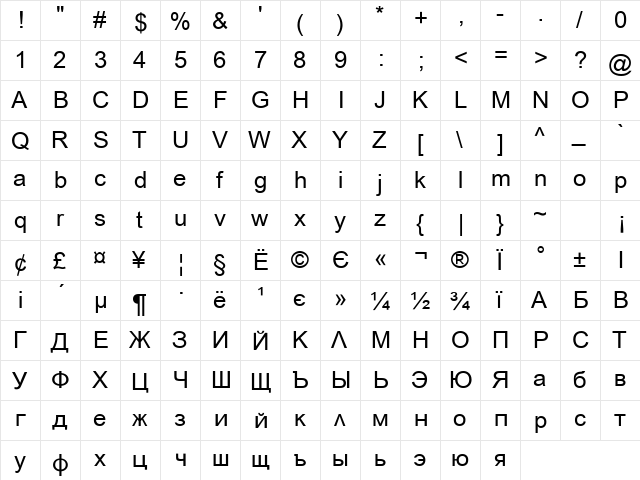 Uk_Arial1 Normal  glyph index