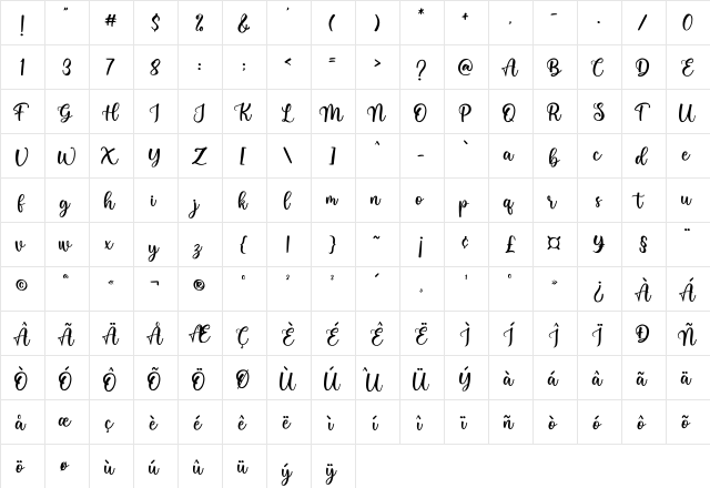Lovely Melody Regular  glyph index