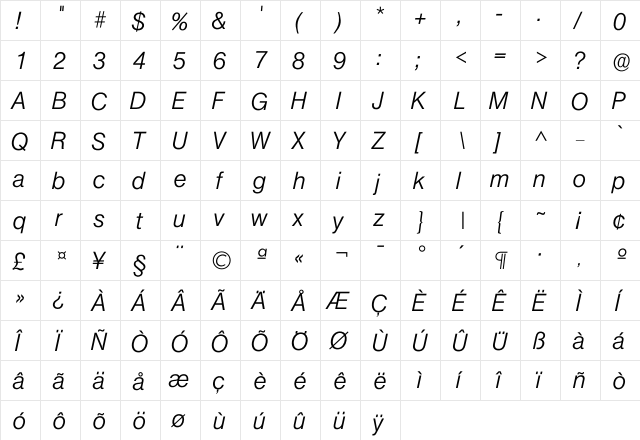 Iolympia Light  glyph index