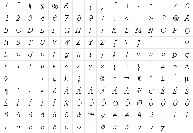 StymieLight RegularItalic  glyph index