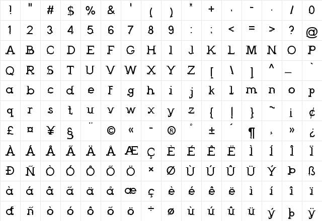 Odessa Regular  glyph index
