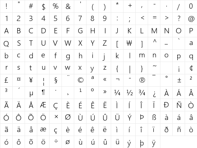 Malgun Gothic Semilight Regular  glyph index