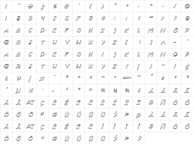 Hadriatic Shadow Italic Italic  glyph index