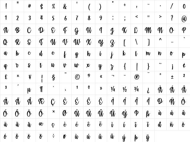 Styla Regular  glyph index