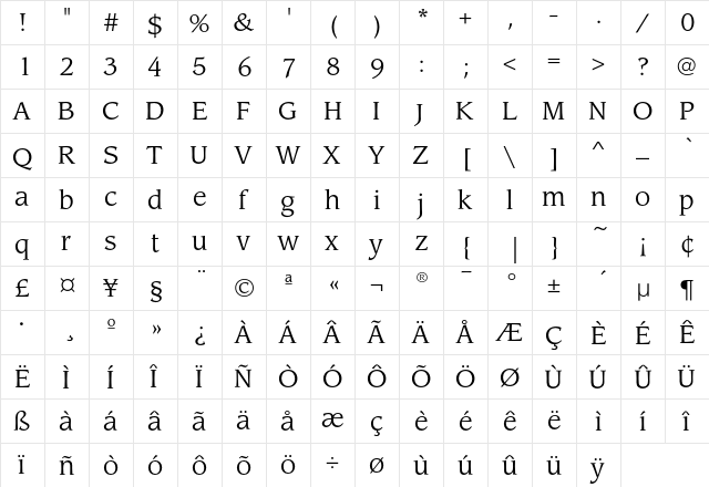 LeawoodEF-Book Regular  glyph index