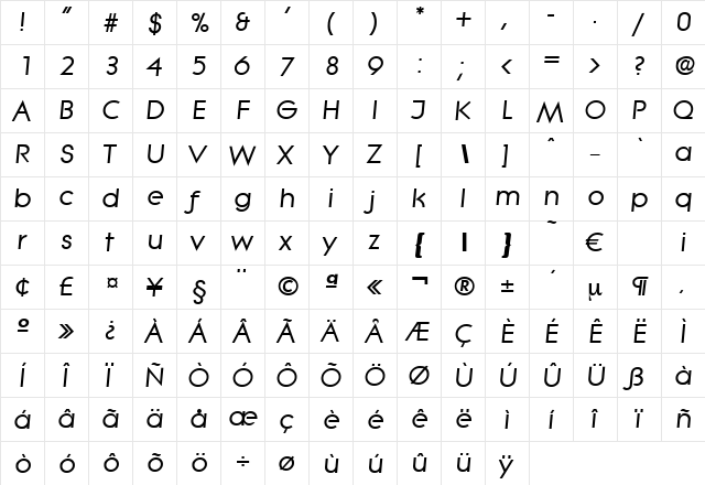Litera-BoldIta Regular  glyph index