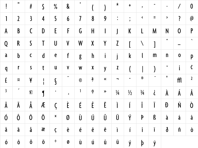 Agenda MediumExtraCondensed  glyph index