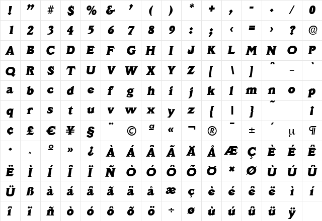 VeracruzSerial-Heavy Italic  glyph index