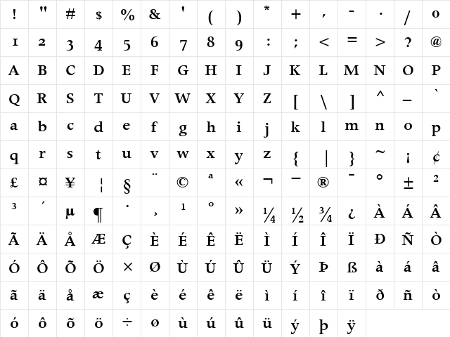 Apollo MT Bold  glyph index