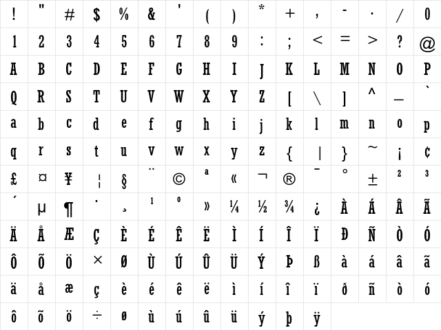 Rockwell Condensed  glyph index