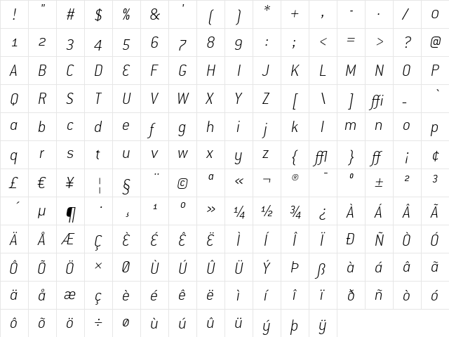 ConduitOSITC ExtraLightItalic  glyph index
