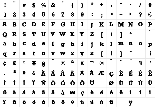 StaffordLH Bold  glyph index