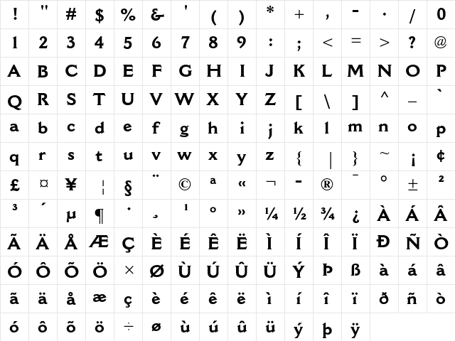 Cantoria MT Bold  glyph index