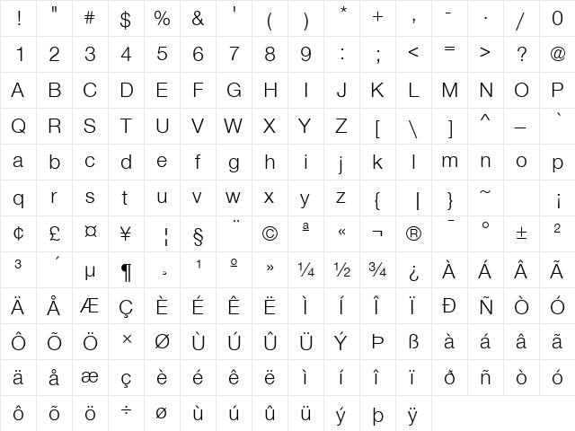 Sans Light Regular  glyph index