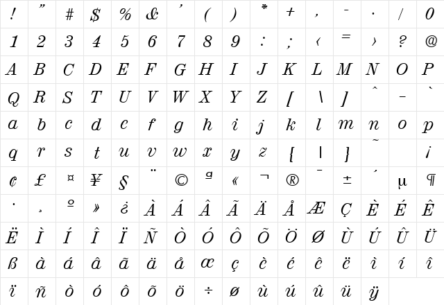 Valencia-Serial RegularItalic  glyph index