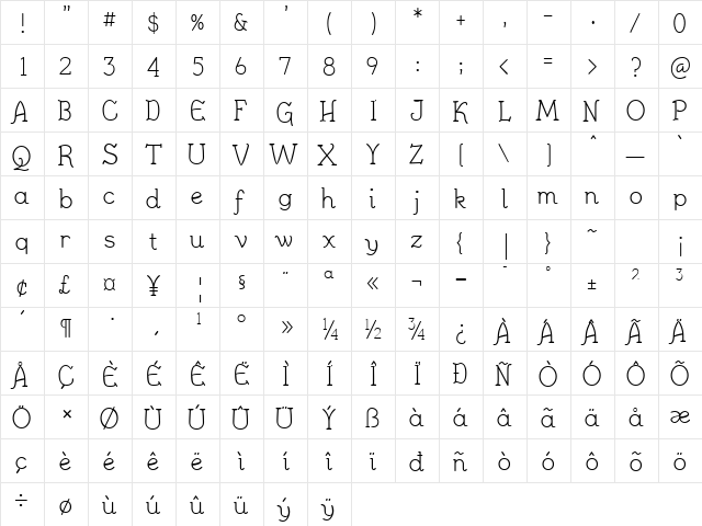 JennerikInfml Plain  glyph index