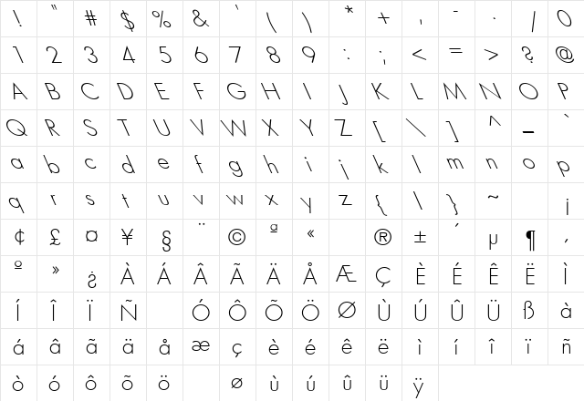 Futura-Light-Lefty Regular  glyph index