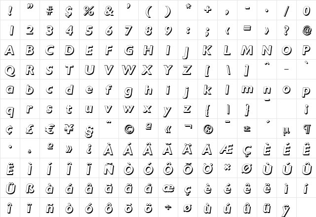 ChantillyShadow BoldItalic  glyph index