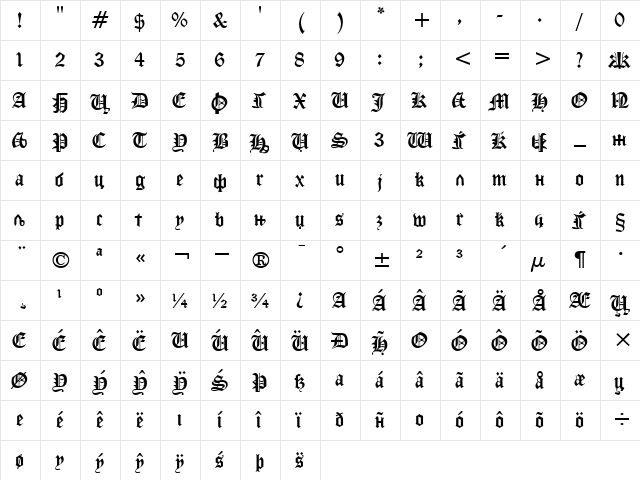 X_Gothica Heavy  glyph index