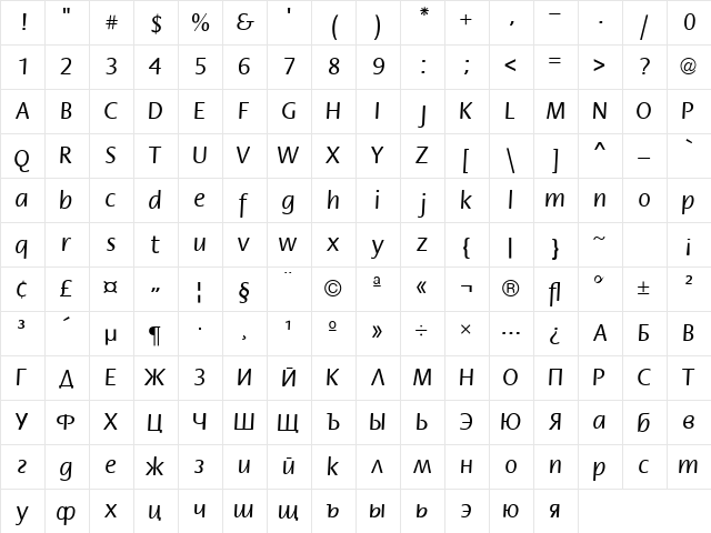 ft55 Regular  glyph index