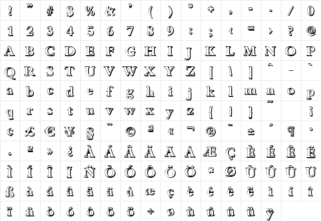 JoshuaBeckerShadow Bold  glyph index