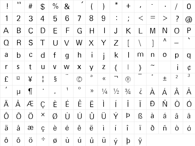 Univers Else Light  glyph index
