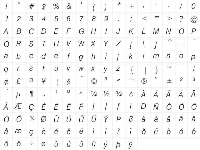 HailstenLight Italic  glyph index