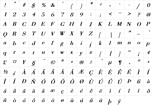 Alabama Bold Italic  glyph index