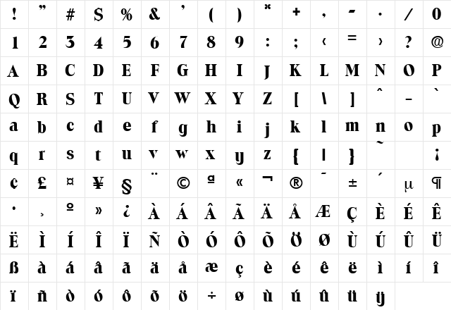 Toledo-Serial-ExtraBold Regular  glyph index