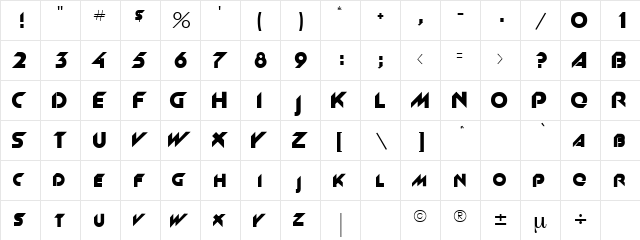 Slant Regular  glyph index