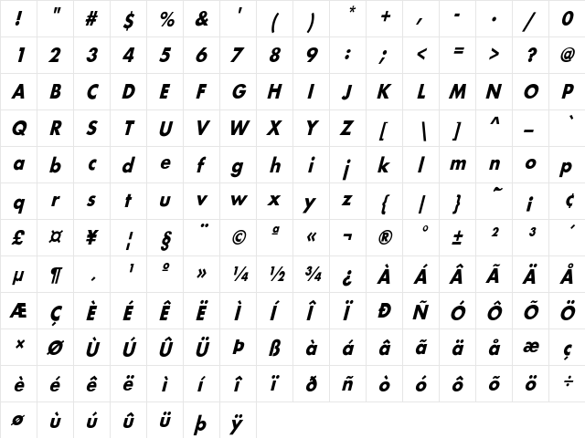 FuturaCndObl-Bold Regular  glyph index