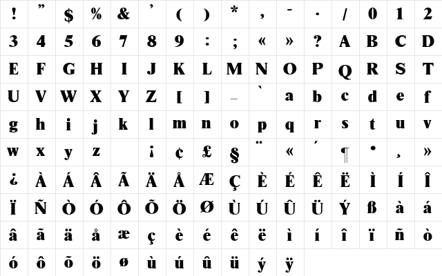 Times-Black Regular  glyph index