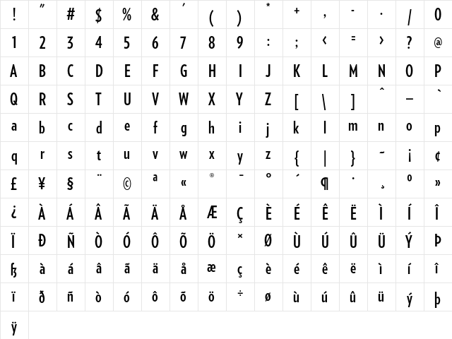Verlag Compressed Bold  glyph index