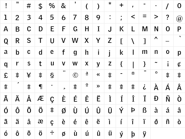 Griffith Gothic Bold  glyph index