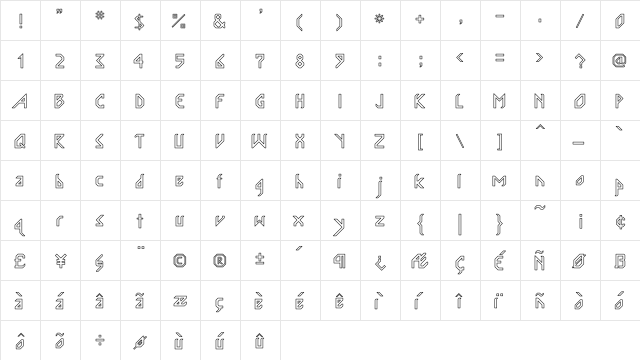 InkaBod Hollow Regular  glyph index