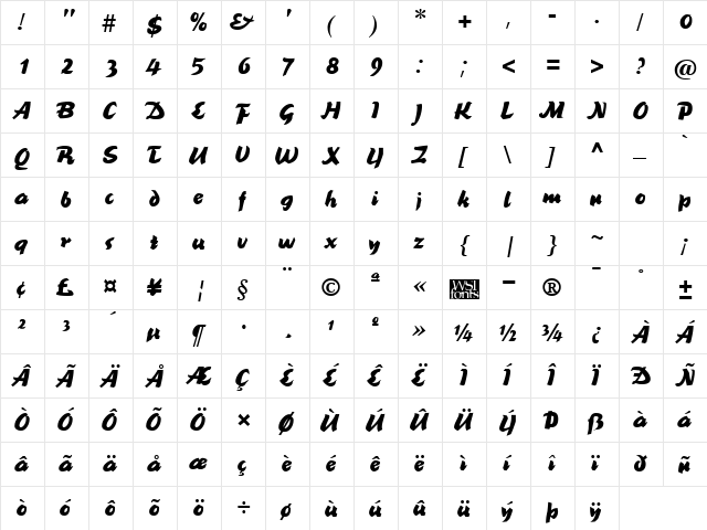 Brookscript Regular  glyph index