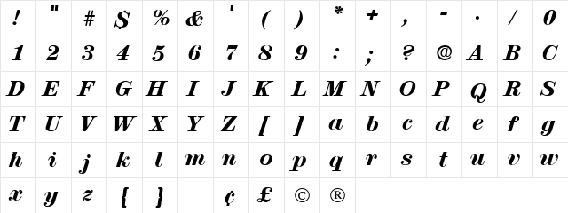 Lucia Display SSi Italic  glyph index