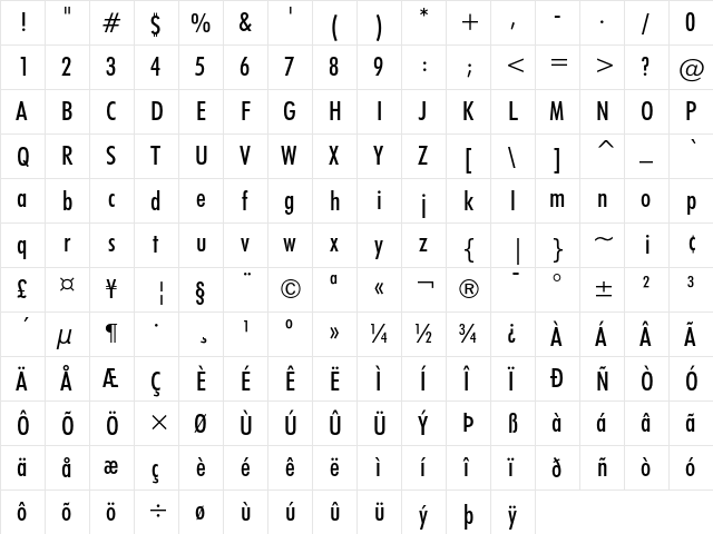 Futura Medium Condensed  glyph index