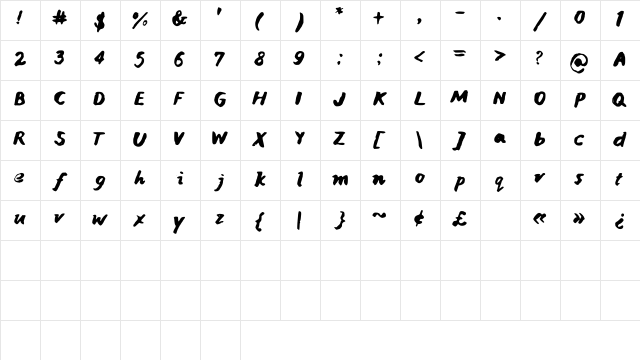 JaniceHandInk Medium  glyph index
