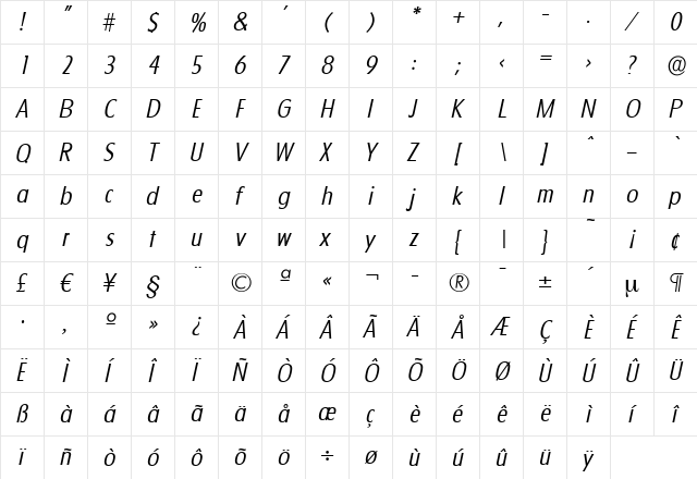 LuisBecker-Light Italic  glyph index