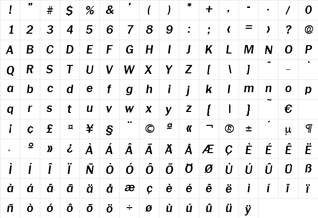Plymouth-DemiBoldIta Regular  glyph index