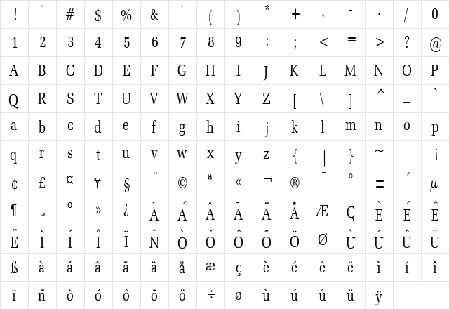 Bid Roman Thin  glyph index