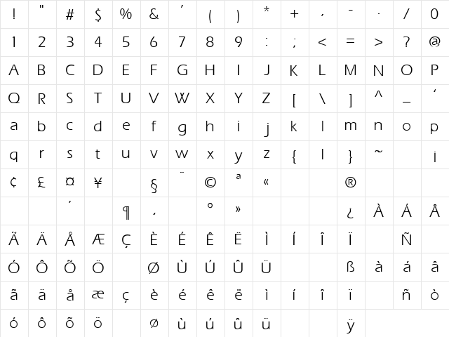 Presence 2 Regular  glyph index
