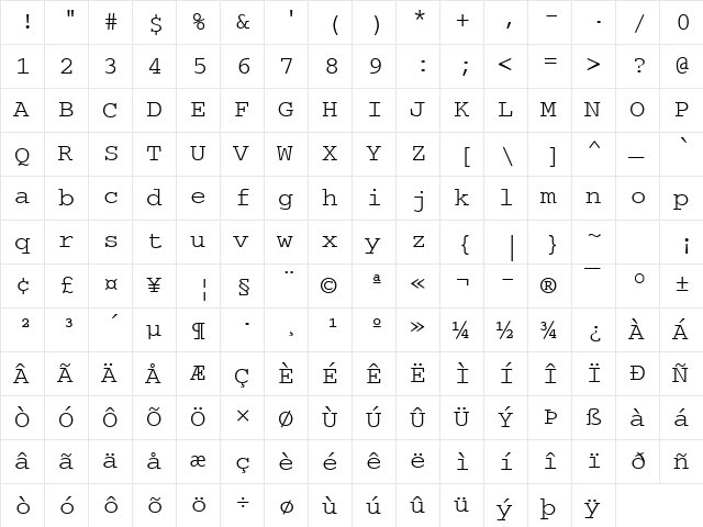 CourierPS Regular  glyph index