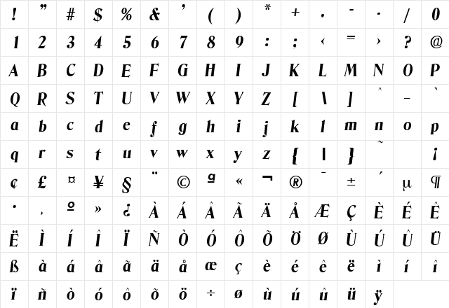 Denver-Serial-ExtraBold RegularItalic  glyph index