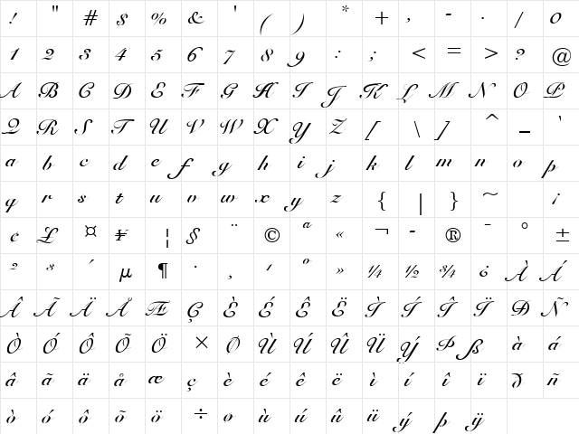 Snell Bold BT2 Regular  glyph index